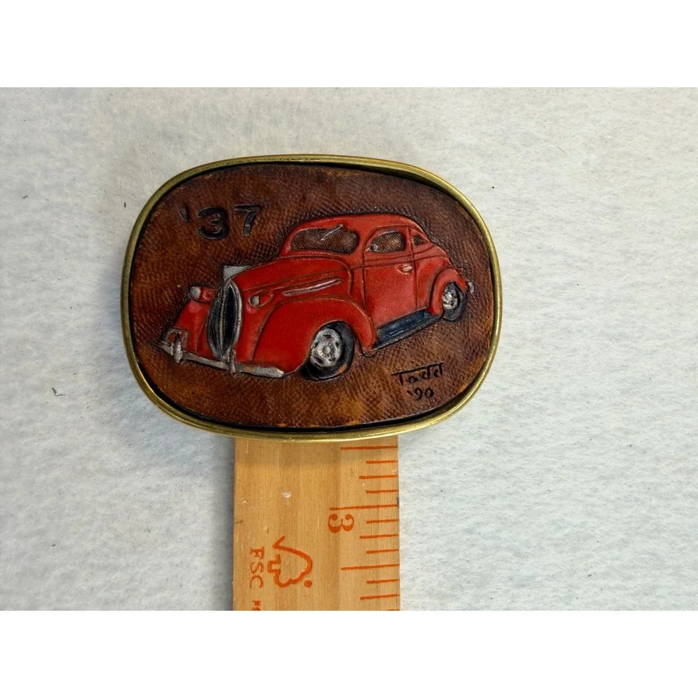 Vintage 1990 Todd Handcrafted Leather 1937 Car Solid Brass Belt Buckle Red Car